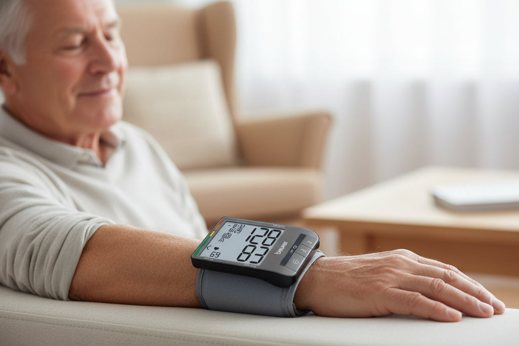 Blood pressure monitor with digital display on a white background