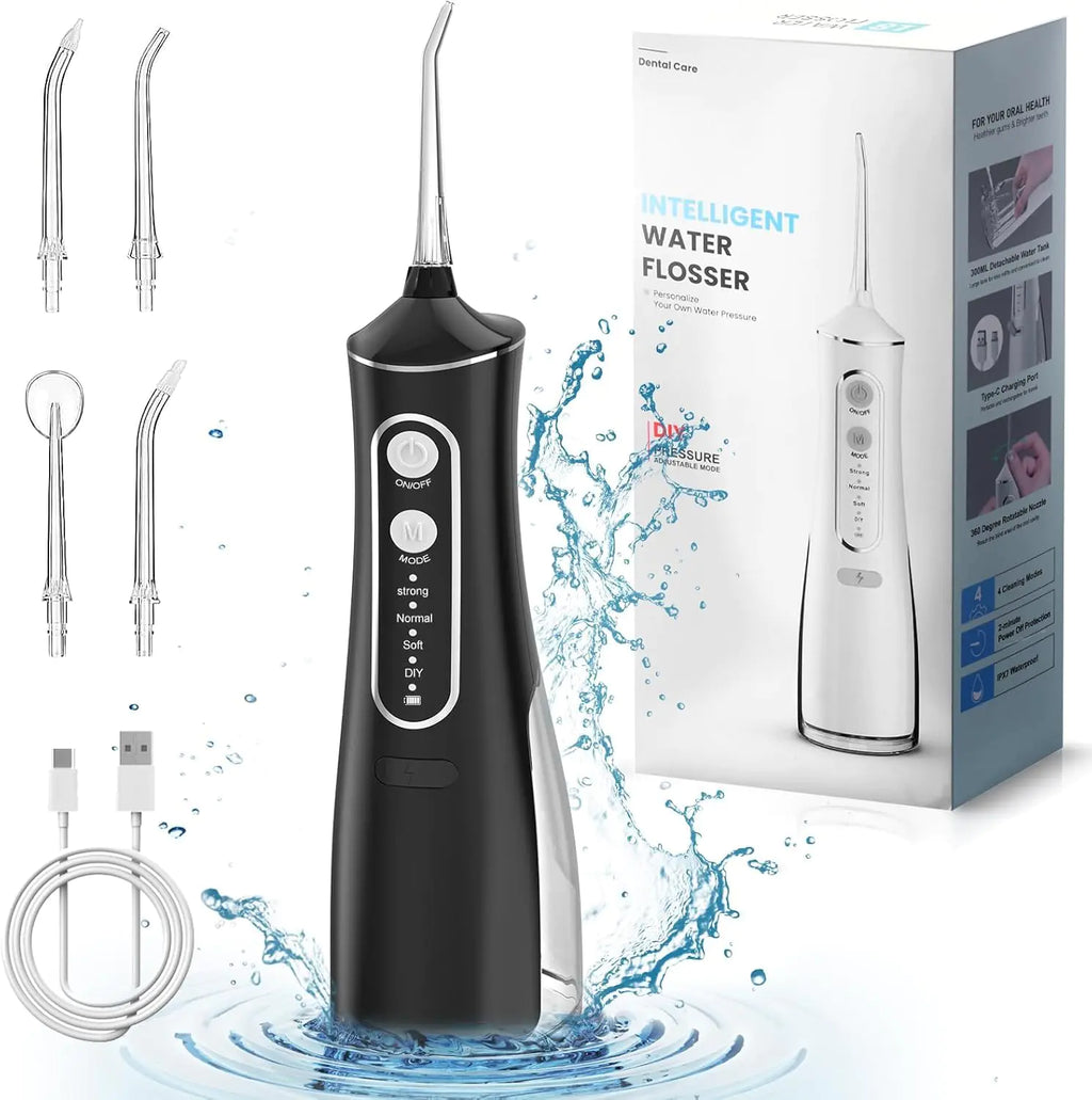 Black water flosser with packaging, nozzles, and USB cable on a white background